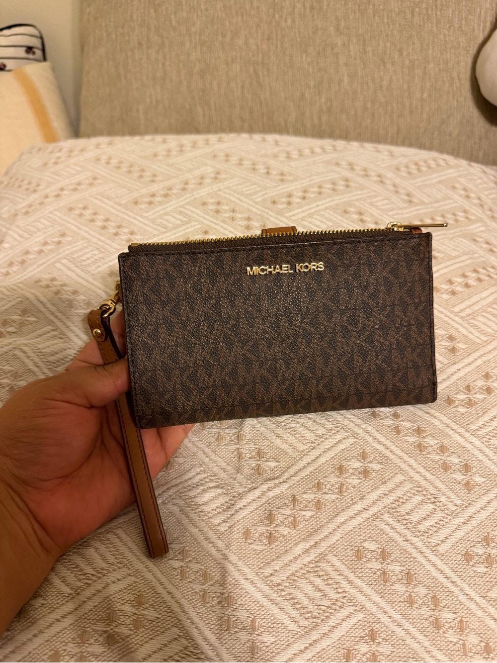 Michael Kors Brown MK Logo Zip Wristlet with Gold Hardware